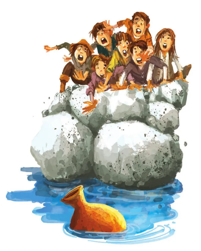 Imagem de sete crianças em cima de rochas na beira de um riacho. Elas estendem a mão em direção a um jarro que flutua na água.