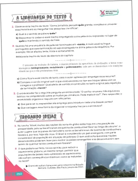 Imagem de página do livro do aluno com a subdivisão 'A linguagem do texto' e a seção 'Trocando ideias'.