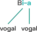 Imagem da palavra Bia, separada em duas sílabas: Bi; a. A letra I e a letra a são vogais.