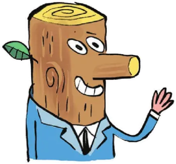 Imagem de um homem com cabeça de tronco de árvore cortado. Seu nariz é um galho cortado e detrás de sua cabeça há uma pequena folha.