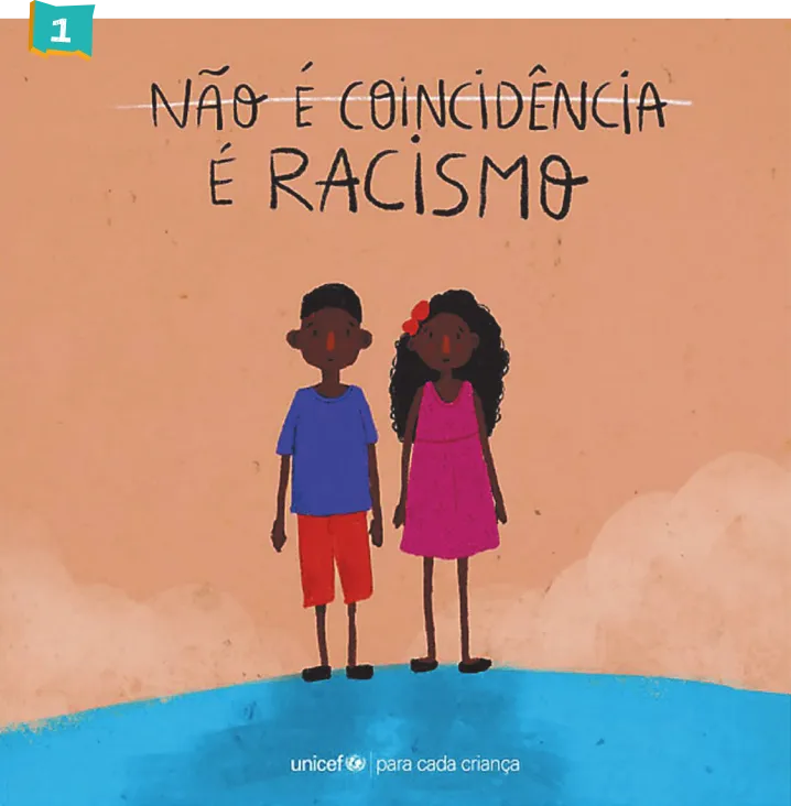 Imagem do cartaz 1: campanha contra o racismo. O cartaz contém a seguinte frase, em fonte que simula caligrafia, na cor preta: não é coincidência, é racismo. A palavra racismo aparece em fonte maior. Abaixo da frase, há um menino e uma menina negros, ambos com expressão de preocupação. As cores de fundo são suaves. A parte inferior contém o logotipo da Unicef e a frase: para cada criança.