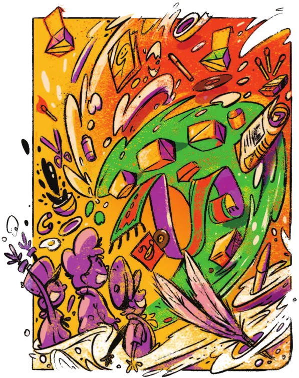 Imagem de três crianças diante de uma onda com diversos objetos.