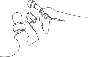 Imagem de mãos segurando microfones e um gravador.