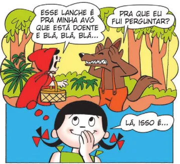 Imagem de um trecho de uma história em quadrinhos do Lúcio. Q1: Carolina diz: 'Lá, isso é...'. Ao mesmo tempo, da sua cabeça, sai um balão de pensamento em que é representada a seguinte cena: em floresta, Chapéuzinho Vermelho diz ao Lobo Mau: 'Esse lanche é para minha avó que está doente e blá, blá, blá...'  O Lobo coloca as patas na cabeça e diz: 'Pra que eu fui perguntar?'