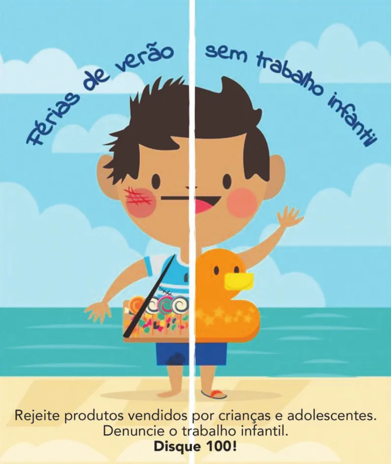 Imagem de cartaz de campanha contra o trabalho infantil. Há uma linha vertical sobre uma criança na praia. À esquerda da linha, a criança está descalça, descabelada, com um machucado no rosto, expressão séria e bermuda suja. Ela carrega um tabuleiro com doces e, acima dela, está escrito: férias de verão. À direita da linha, a criança usa chinelo, está com uma boia em forma de pato na cintura e sorri. Acima dela, está escrito: sem trabalho infantil. O rodapé do cartaz contém o seguinte texto: rejeite produtos vendidos por crianças e adolescentes. Denuncie o trabalho infantil. Disque 100!