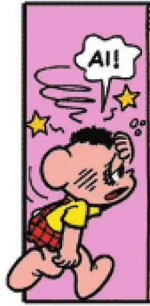 Imagem de trecho da história em quadrinhos da Turma da Mônica. Q26: Cascão entra na sala de espera de um hospital. Ele está com o olho roxo, coloca a mão na cabeça e diz: 'Ai!'