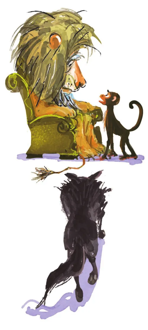 Imagem de um leão, um macaco e um lobo. O leão está cabisbaixo e sentado em um trono. O macaco está diante dele. O lobo caminha em direção a ambos.