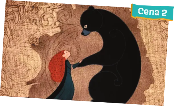 Imagem da cena 2, do filme ‘Valente’. A cena mostra Mérida e um urso frente a frente, de mãos dadas e olhando-se nos olhos.