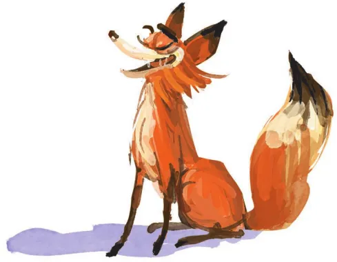 Imagem de uma raposa sentada, com os olhos fechados e a boca aberta.