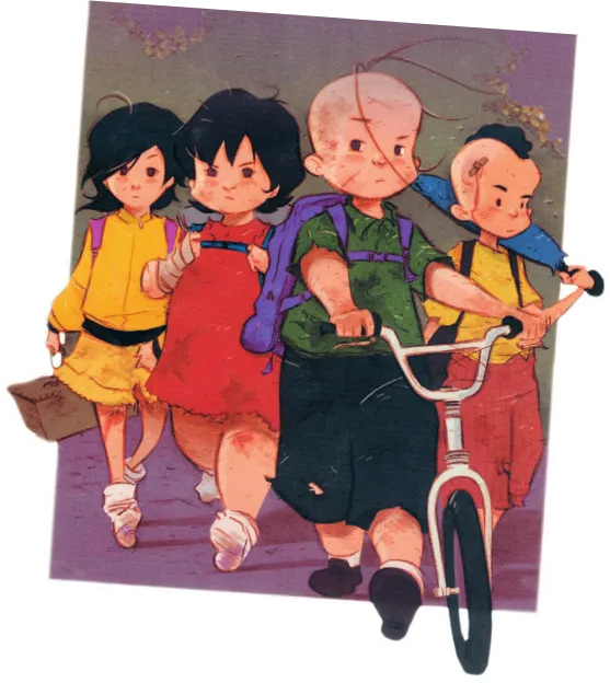 Imagem de personagens da Turma da Mônica. Cebolinha caminha e conduz uma bicicleta. Cascão, Mônica e Magali andam atrás dele.