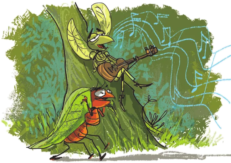Imagem de uma cigarra e de uma formiga. A cigarra toca violão enquanto a formiga carrega uma folha nas costas.