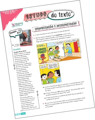 Imagem de página do livro do aluno com a seção 'Estudo do texto', a subdivisão 'Compreensão e interpretação' e o boxe 'Quem é?'.