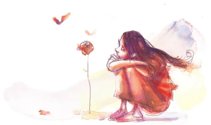 Imagem de uma menina sentada, observando uma flor.