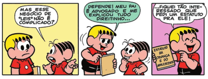 Imagem de um trecho de uma história em quadrinhos da Turma da Mônica. Q7: Mônica pergunta para Franjinha: 'Mas esse negócio de 'leis' não é complicado?' Q8: Franjinha responde: 'Depende! Meu pai é advogado e me explicou tudo direitinho...' Q9: Franjinha mostra novamente o estatuto e diz: '... fiquei tão interessado que pedi um estatuto pra ele!'