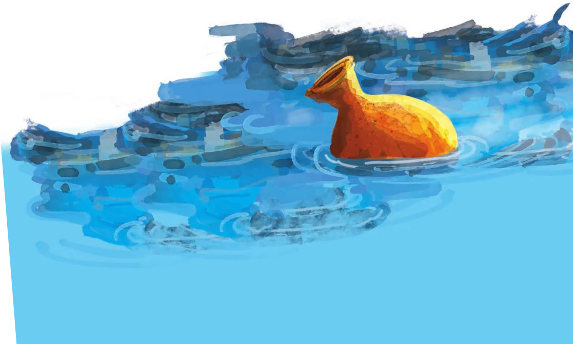 Imagem de um jarro flutuando na água.