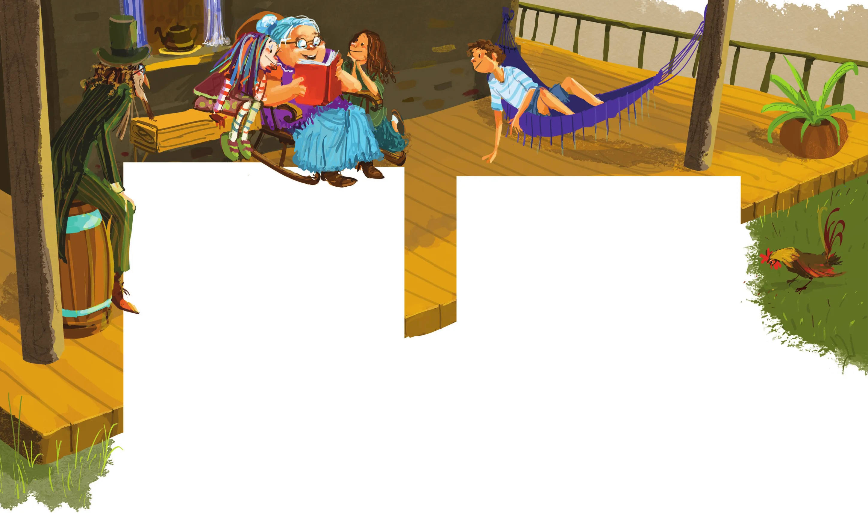 Imagem de Visconde de Sabugosa, Dona Benta, Emília, Narizinho e Pedrinho na varanda de uma casa. Dona Benta, entre Emília e Narizinho, lê um livro em voz alta. Visconde de Sabugosa, à esquerda, está sentado em um barril. Pedrinho, à direita, está deitado em uma rede.