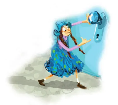 Imagem de uma menina abrindo a porta de uma casa de pedra em uma montanha. Ela segura a maçaneta com a mão esquerda e coloca o dedo mínimo da mão direita no buraco da fechadura.