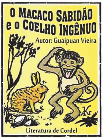 Imagem da capa do cordel 'O macaco sabidão e o coelho ingênuo'. O macaco coça a cabeça e mostra a língua para o coelho, que está com uma das patas dianteiras encostada no focinho.