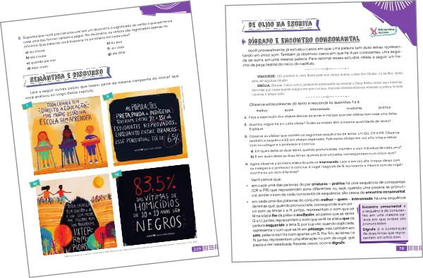 Imagem de páginas do livro do aluno com as seções 'Semântica e discurso' e 'De olho na escrita'.