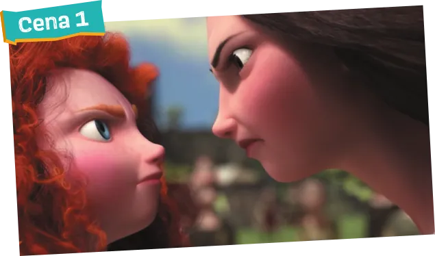 Imagem da cena 1, do filme ‘Valente’. A cena mostra Mérida e sua mãe frente a frente, se encarando. Ambas têm o rosto e os lábios tensos, estão com a testa franzida.