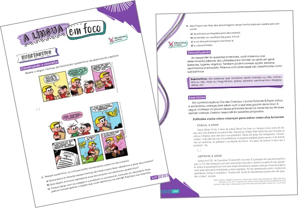 Imagem de páginas do livro do aluno com a seção 'A língua em foco' e as subdivisões 'Construindo o conceito', 'Conceituando' e 'Exercícios'.