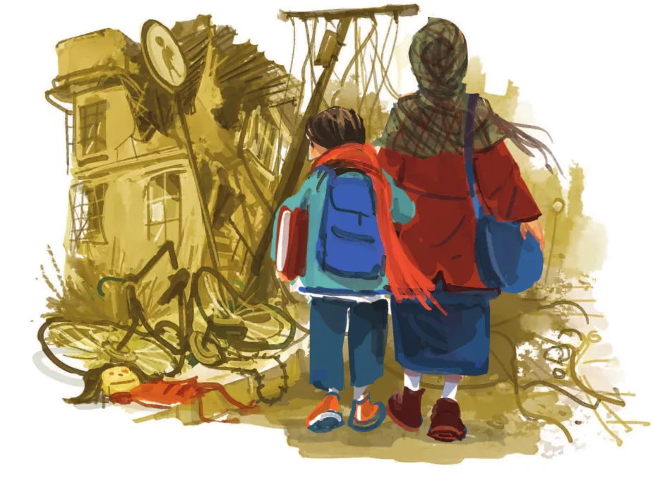Imagem de uma criança e uma mulher andando entre os escombros de uma cidade destruída. A criança carrega livros embaixo do braço e olha para uma boneca e uma bicicleta no chão.