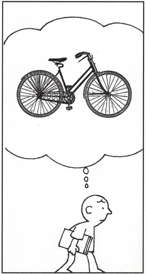Tirinha com um quadro. Um homem caminha com livros nas mãos. Acima dele, há um balão de pensamento com a figura de uma de bicicleta.
