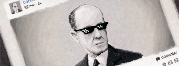 Imagem representando a tela de uma rede social, como se retratasse o feed do perfil de Carlos Drummond de Andrade. Uma foto menor mostra o poeta com os óculos que utilizava habitualmente. Uma foto maior mostra o poeta usando os óculos-escuros de um meme muito conhecido na internet, que aparece sobre o rosto de alguém que realiza um feito incrível ou para indicar que a pessoa tem atitude.
