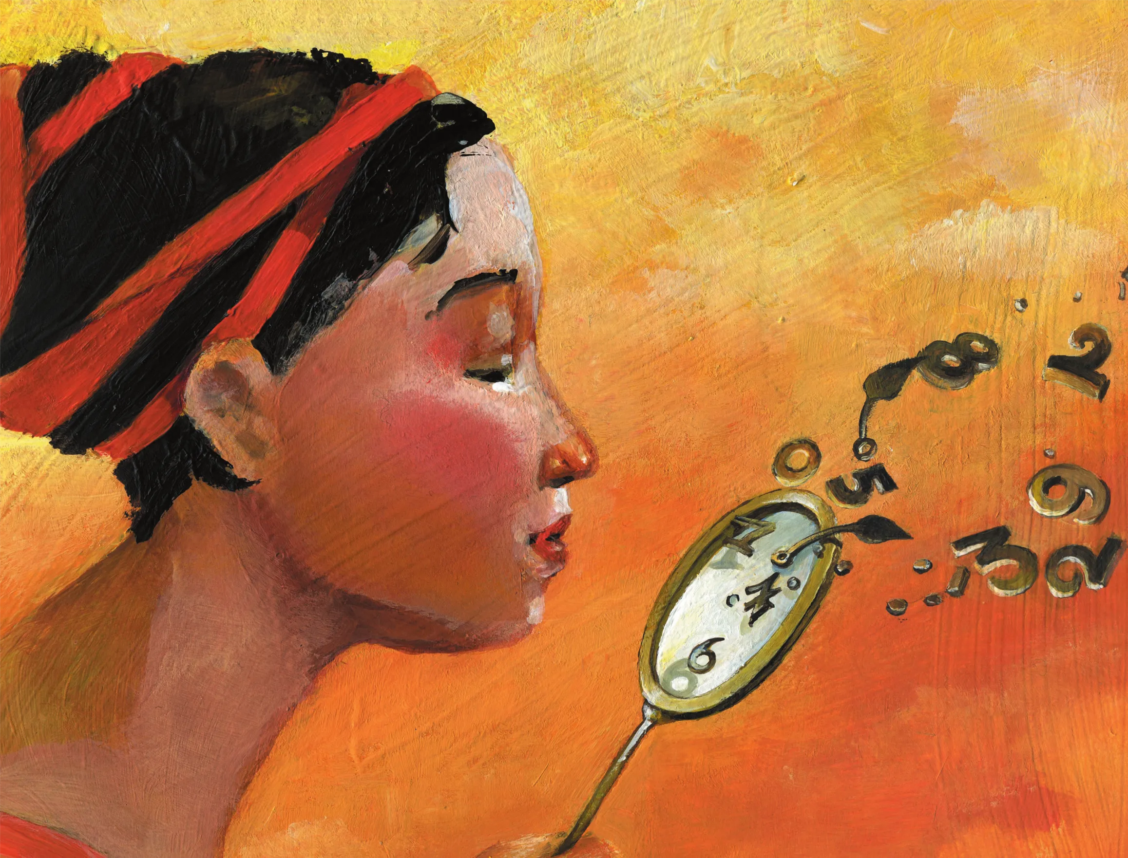 Imagem de uma mulher jovem de perfil, com expressão serena, assoprando um espelho de mão. Do espelho, saem números e ponteiros que flutuam.