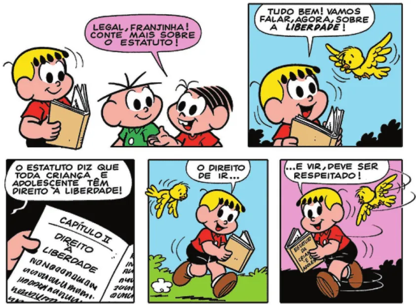 Imagem de um trecho de uma história em quadrinhos da Turma da Mônica. Q35: Mônica diz: 'Legal, Franjinha! Conte mais sobre o estatuto!' Q36: Um pássaro sobrevoa Franjinha, que diz: 'Tudo bem! Vamos falar, agora, sobre a liberdade!' Q37: Franjinha lê o capítulo II e continua: 'O estatuto diz que toda criança e adolescente têm direito à liberdade!' Q38: O pássaro segue Franjinha, que caminha para o lado direito e diz: 'O direito de ir...' Q39: Franjinha continua: '... e vir, deve ser respeitado!' O pássaro continua seguindo Franjinha, que se volta para o lado esquerdo.