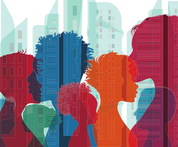 Imagem de silhuetas de pessoas posicionadas de perfil.