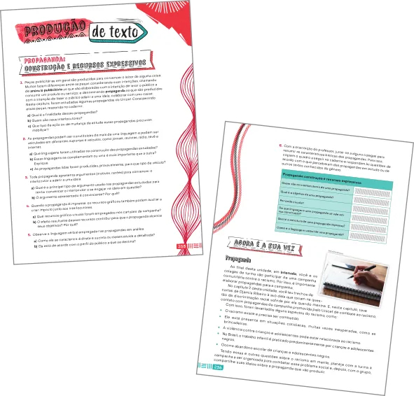 Imagem de páginas do livro do aluno com as seções 'Produção de texto', 'Construção e recursos expressivos' e 'Agora é a sua vez'.