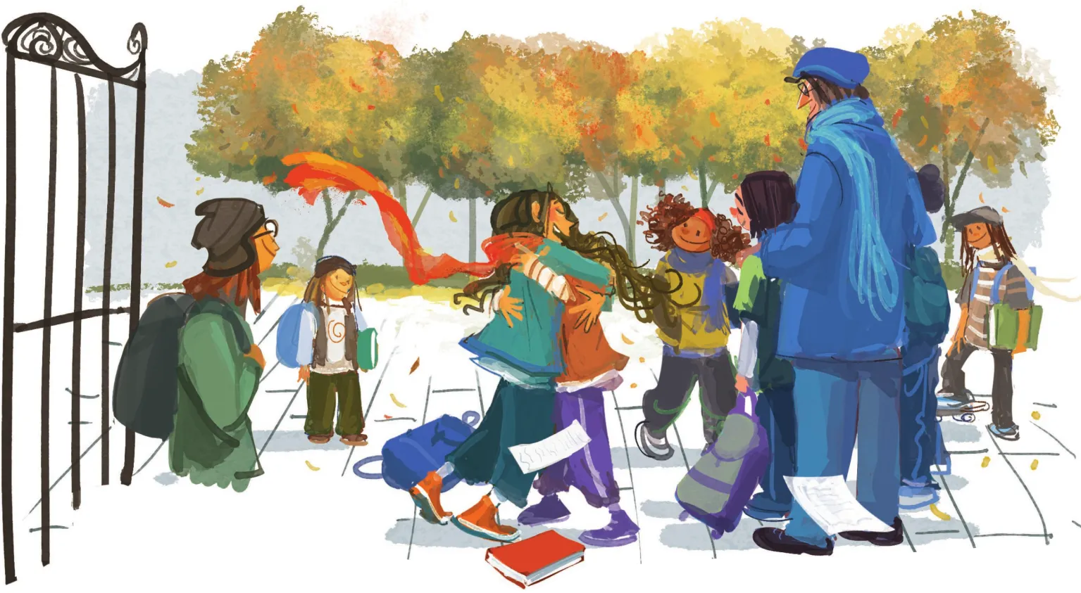 Imagens de crianças se encontrando no portão de uma escola. Entre elas, duas meninas se abraçam.