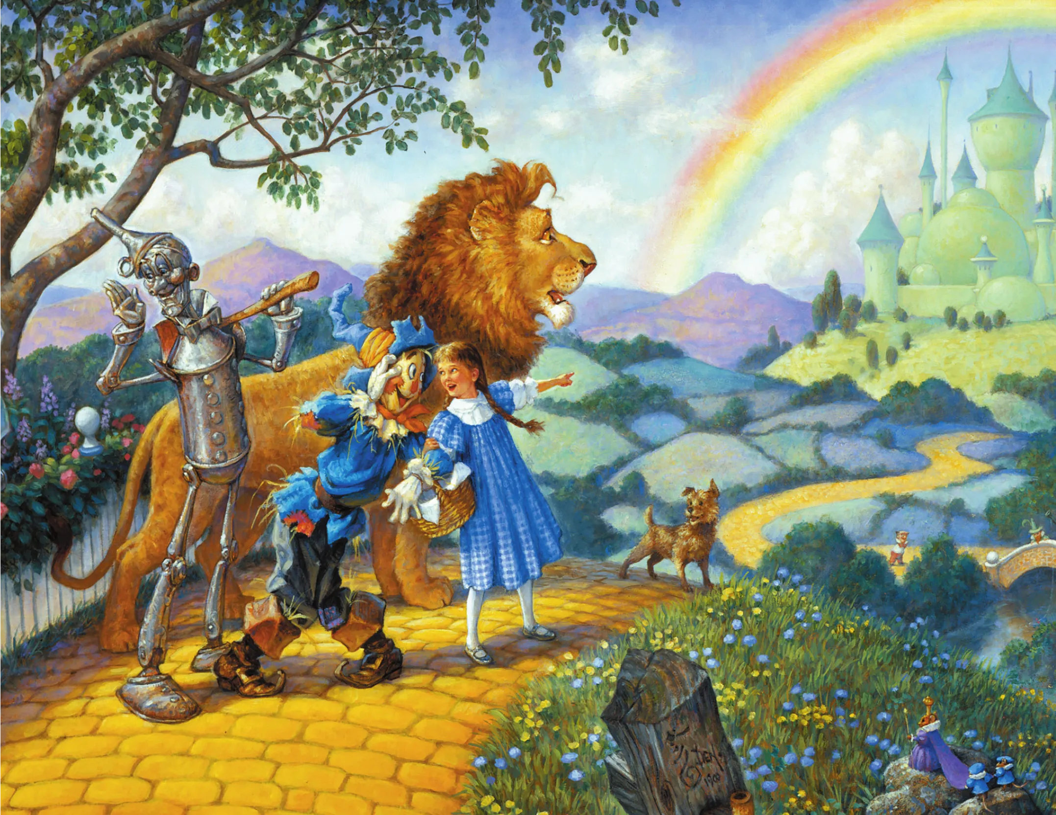 Imagem de personagens de um conto infantil. Uma menina, um leão, um espantalho, um homem de lata e um cachorro estão em uma estrada de tijolos. A menina segura o braço do espantalho e aponta para um castelo.