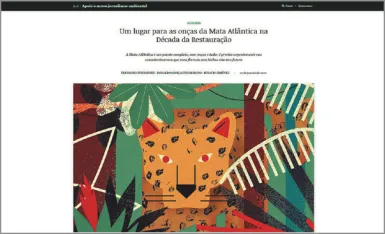 Imagem de página virtual de reportagem com textos e figura artística de uma onça-pintada.