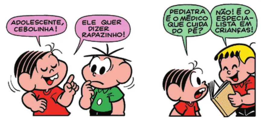 Imagem de trechos da história em quadrinhos da Turma da Mônica. Q11: Mônica diz: 'Adolescente, Cebolinha. Ele quer dizer rapazinho!' Q24: Mônica, com os olhos arregalados, pergunta para Franjinha: 'Pediatra é o médico que cuida do pé?' Franjinha ri e responde: 'Não! É o especialista em crianças!'