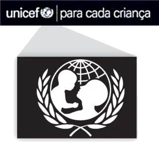 Imagem do logotipo da Unicef e a frase: para cada criança. Um destaque mostra o símbolo do logotipo ampliado: a figura de um adulto segurando uma criança no centro de um globo e ramos de oliveira ao redor.