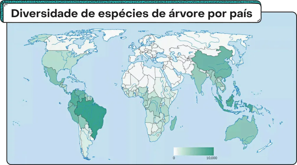 Mapa-múndi 'Diversidade de espécies de árvore por país'. De acordo com a legenda, em uma escala de 0 a 10.000, os países com maior diversidade de espécies de árvore são o Brasil e a Indonésia, seguidos pela Colômbia e China. A África Ocidental e Setentrional, o norte da América do Norte, o Oriente Médio, a Europa, a Rússia, o Chile, o Uruguai e a Nova Zelândia não possuem diversidade de espécies de árvore.