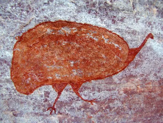 Imagem de pintura rupestre representando uma ave corpulenta, de pescoço curto e fino, e duas patas.