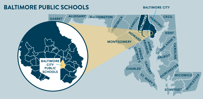 map of Maryland with a pop out of Baltimore City Schools district