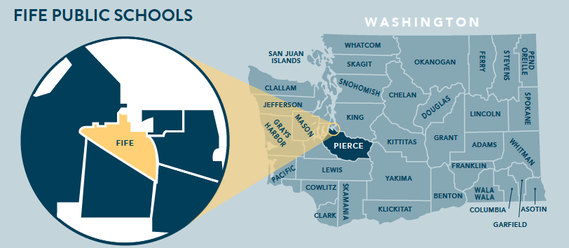 map of Washington State School district with a pop out of Fife to show location