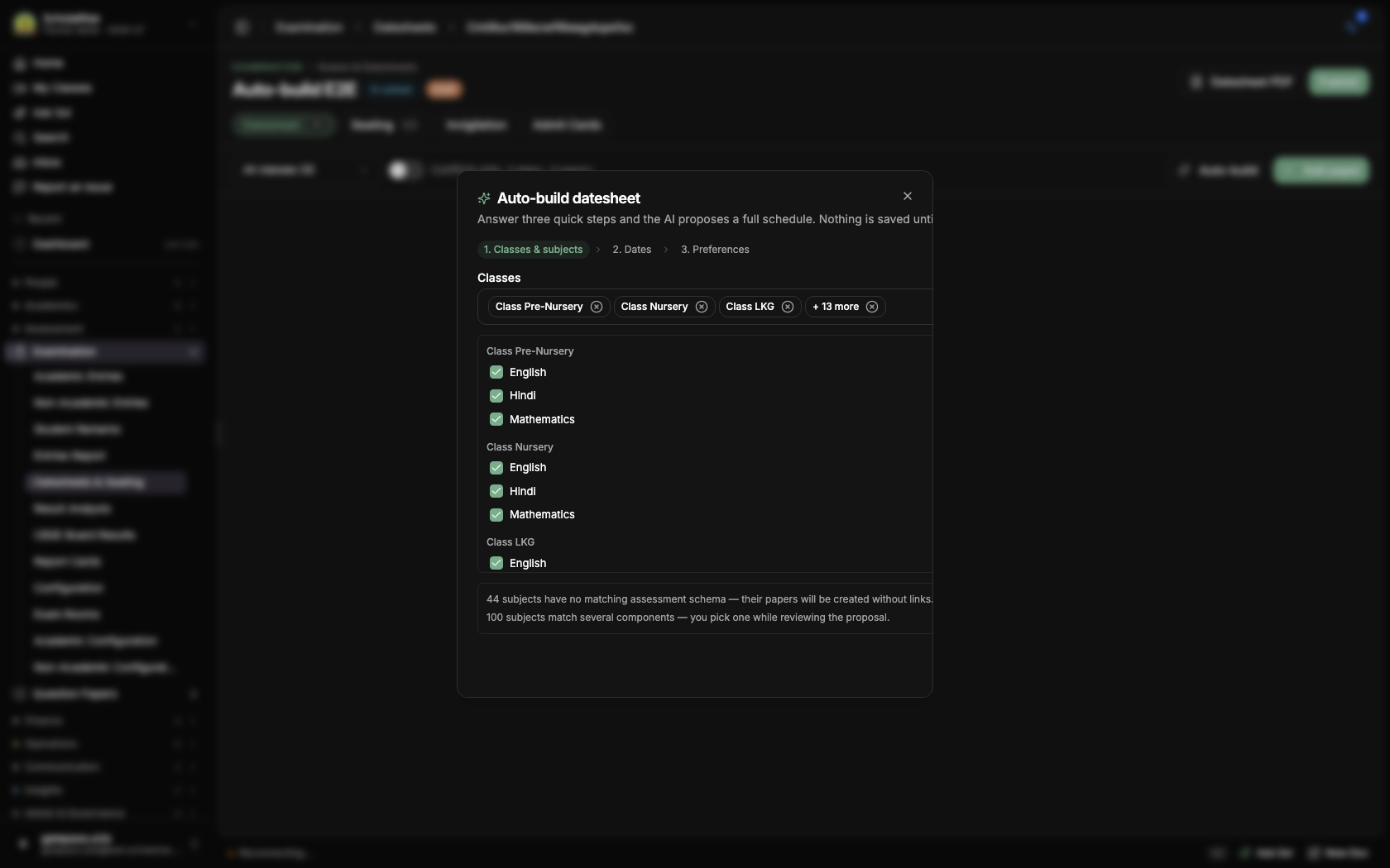 Auto-build step one — pick classes and subjects