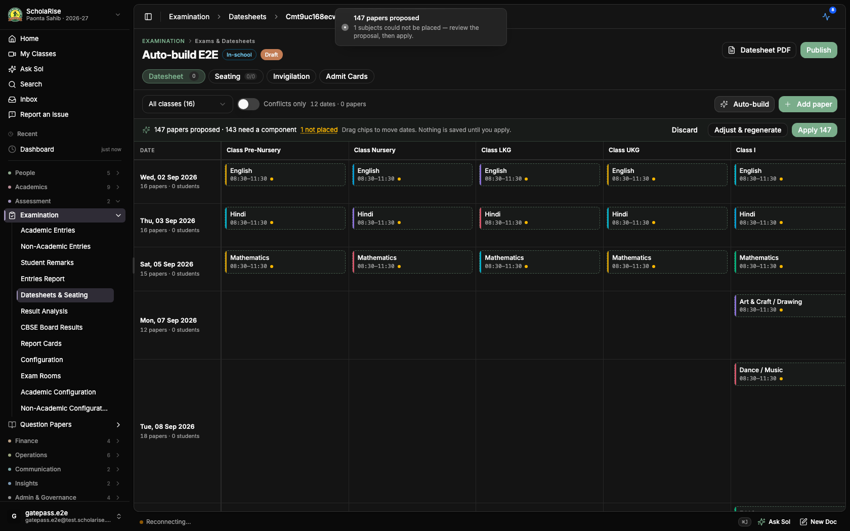 The drafted datesheet, ready to review on the grid