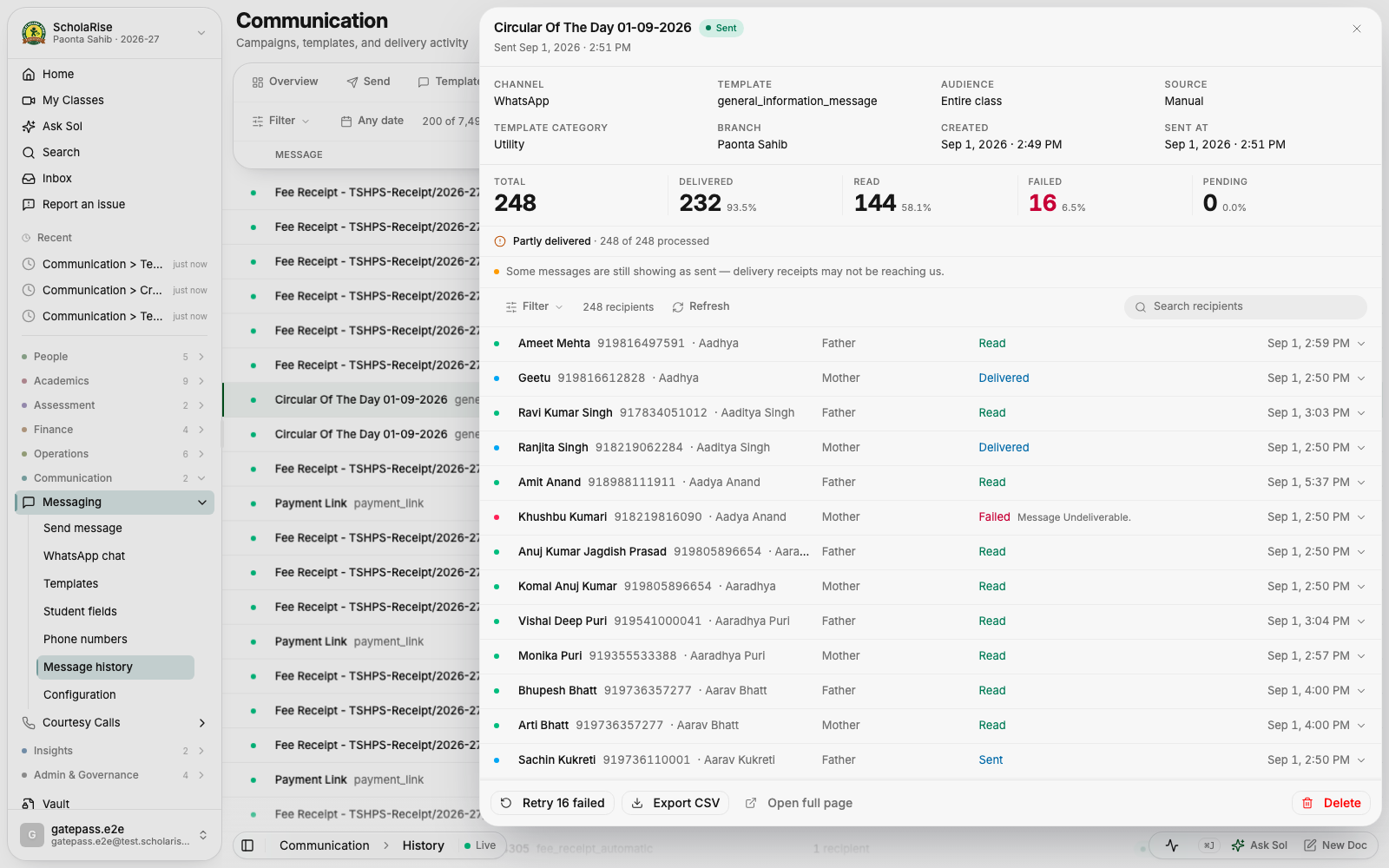 Message details in a slide-in panel