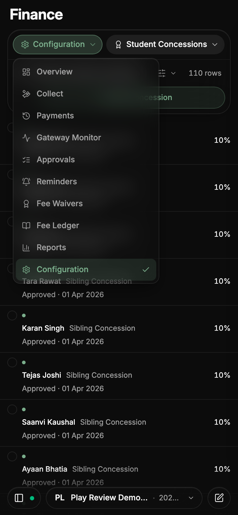 Module sections open from a single menu with full names instead of a wall of icons.