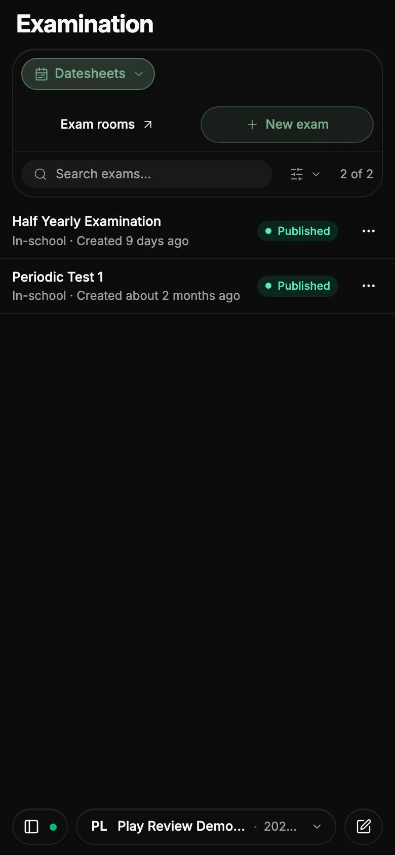 Exams and datesheets on a phone with the status filter behind one button.