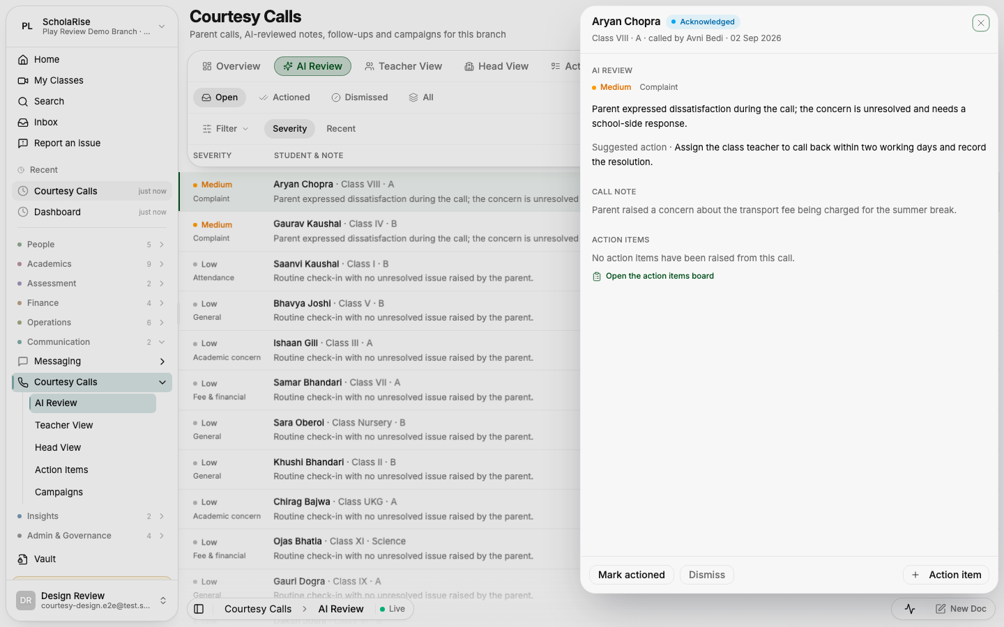 A flagged call opens in a slide-in panel with triage and "raise an action item"