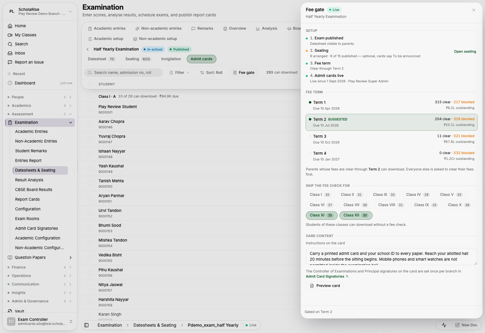 The fee gate panel: each term shows how many students it clears or blocks before you pick one