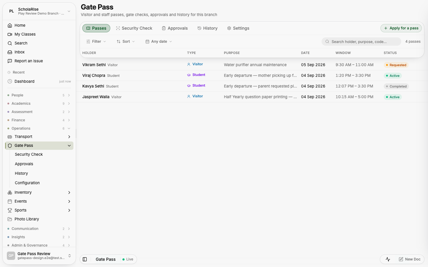 The Passes list: one floating toolbar with tabs, filter, sort, date and search; rows slide beneath it