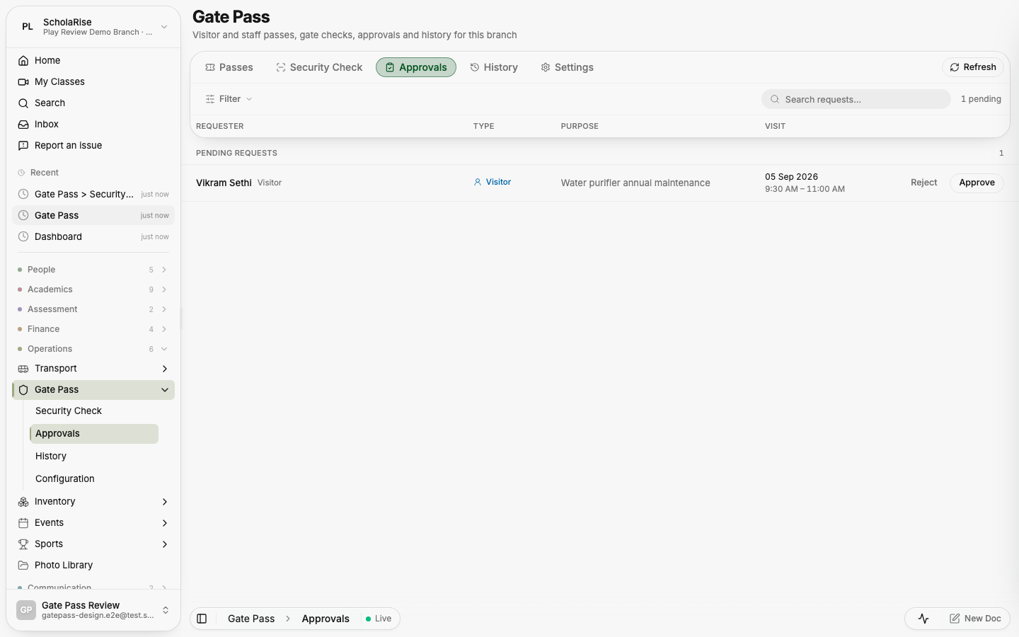 Approvals: pending requests with Approve / Reject on every row